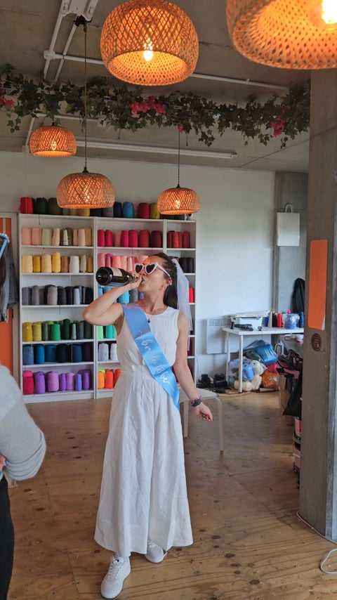Bride-to-be celebrating in the Craft Studio London tufting studio
